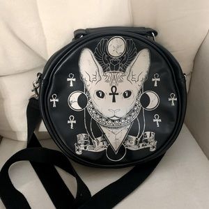 Banned Bastet Sphynx Cat Round Bag Alternative Handbag Black/Cream